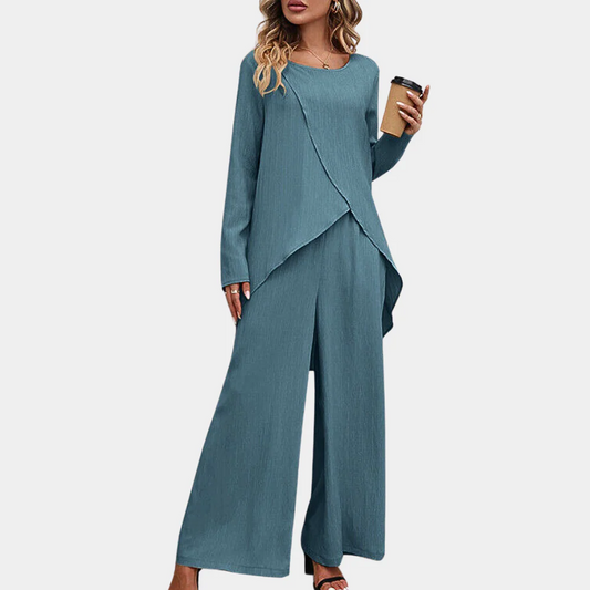 Women's Two-Piece Set – Asymmetric Long Sleeve Top – Wide Pants – Soft Cotton Feel