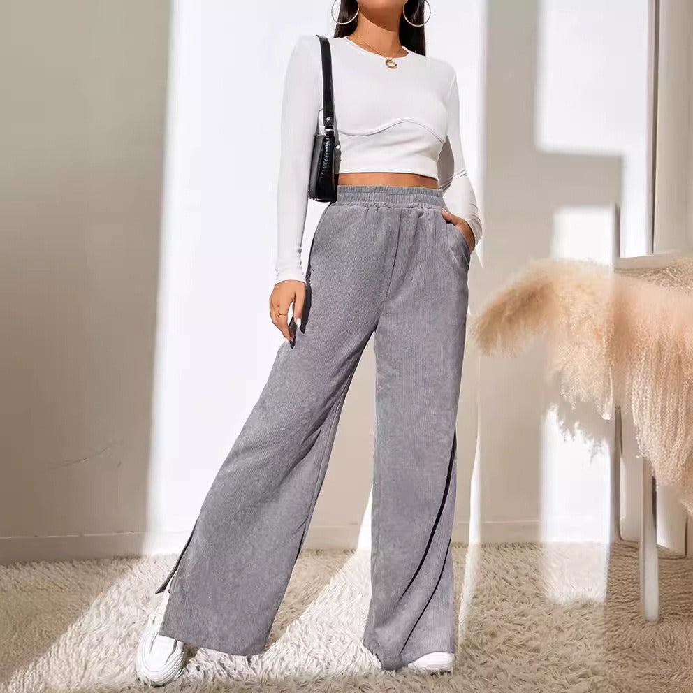 Women's Trousers with Wide Legs – Corduroy – High Waist – Elastic Waistband – Split Hem