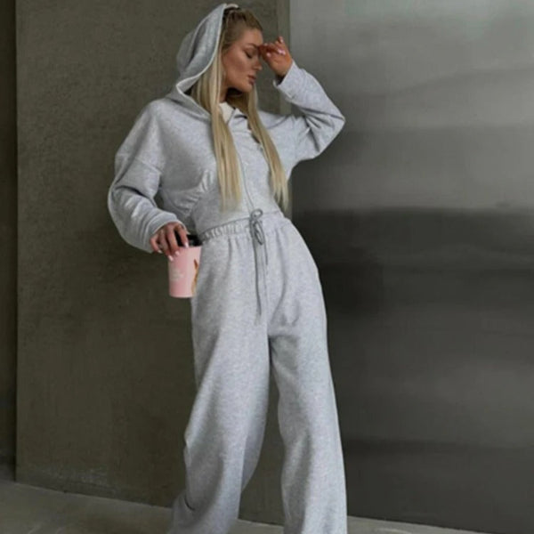 Women's Loungewear Set – Zip-Up Hoodie – Wide Pants – Soft Cotton Blend