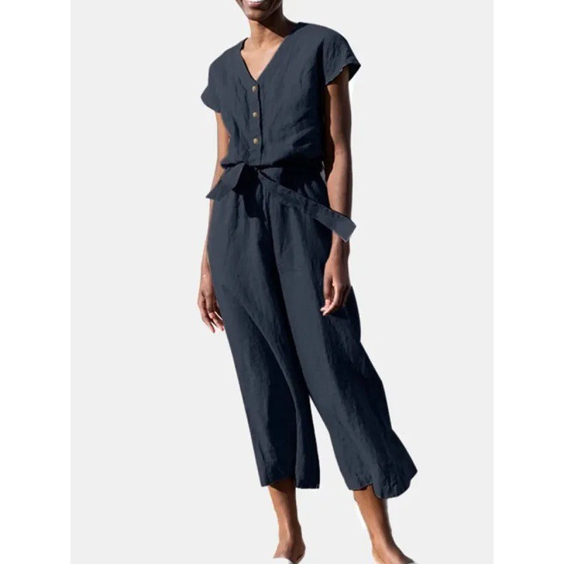 Women's jumpsuit – relaxed fit – cotton blend – V-neck – short sleeves – tie belt