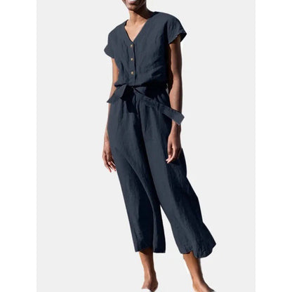 Women's jumpsuit – relaxed fit – cotton blend – V-neck – short sleeves – tie belt