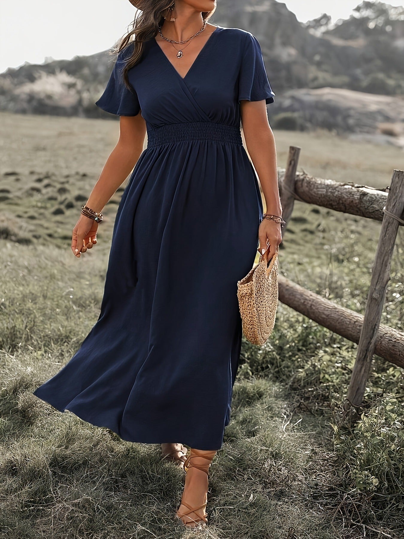 Dress for Women – Slim Fit – V-Neck – Trumpet Sleeves – Elastic Waist – Split Skirt