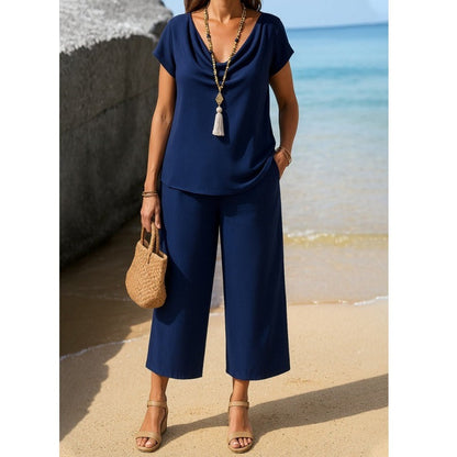 Women's Pants Set – Relaxed Fit – Draped Neckline – Short-Sleeved – Wide 9/10 Pants