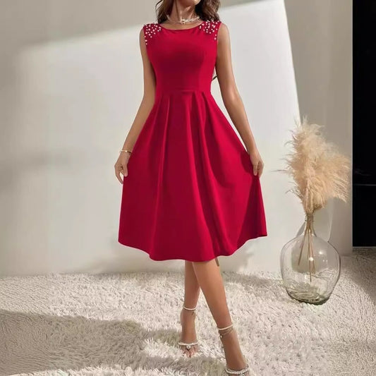 Dress for Women – Midi Length – Fitted Waist – A-line – Pearl Details on Shoulders