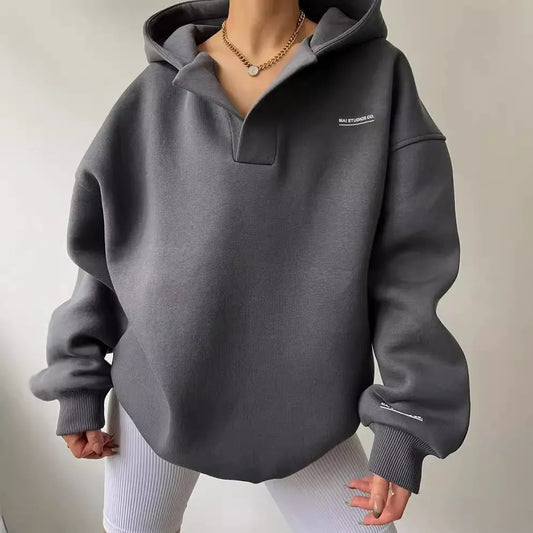 Women's Hoodie – Oversized Fit – Fleece – V-Neck – Ribbed Cuffs