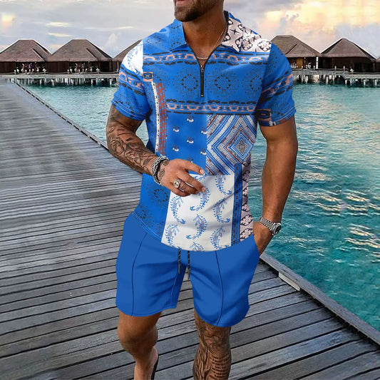 Men's Set – Slim Fit Zip Piqué Shirt with Digital Pattern & Knee-Length Shorts