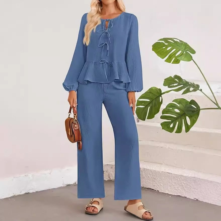 Women's Pantsuit – V-neck Blouse with Tie Detail – Wide Fit in Light Cotton Texture