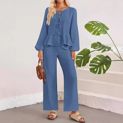 Women's Pantsuit – V-neck Blouse with Tie Detail – Wide Fit in Light Cotton Texture