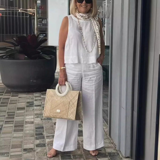 Women's Set – Sleeveless Top and Wide Pants – Linen Cotton – Relaxed Fit