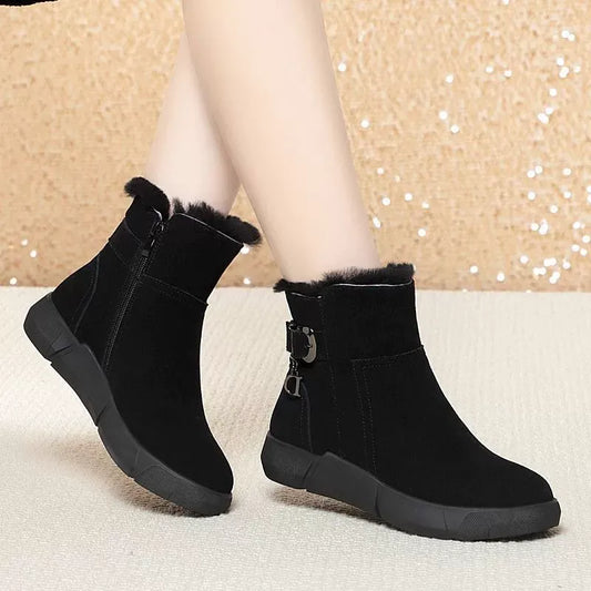 Women's Winter Boots – Leather and Lined – Ankle-High – Zipper – Chunky Sole