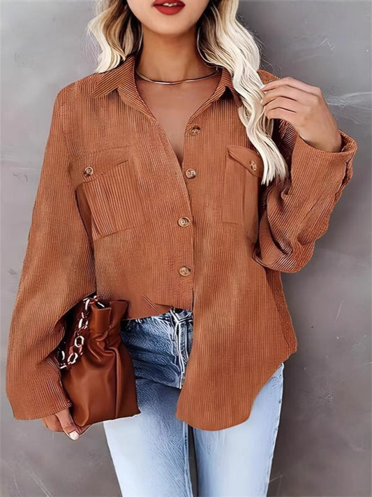 Women's Coat – Corduroy – Loose Fit – Long Sleeved – Button Closure – Hip Length