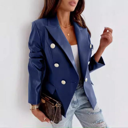 Women's Blazer – Tailored Fit – Faux Leather – Double-Breasted – Structured Lapels