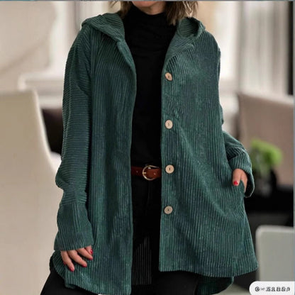 Women's Jacket – Corduroy – Loose Fit – Hood – Knee-Length with Buttons