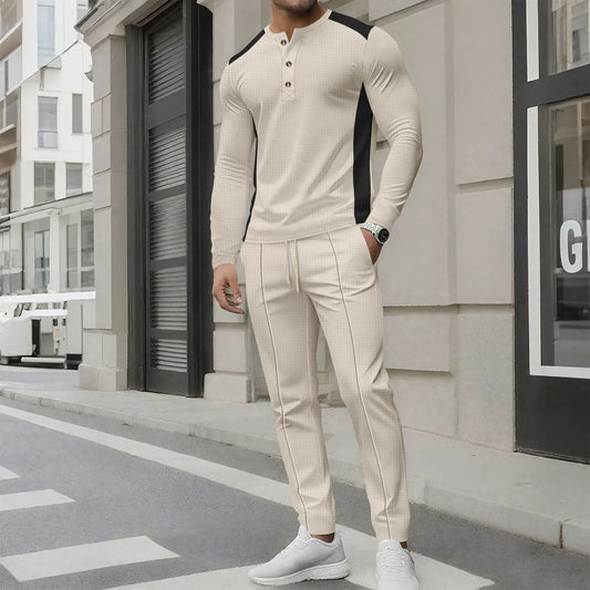 Men's Set with Henley Sweater and Pants – Slim Fit – Waffle Texture – Button Neck