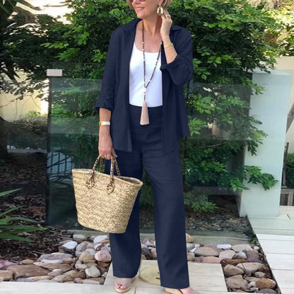 Women's Set with Shirt and Pants – Linen Blend – Relaxed Fit – Wide Leg – Open Front