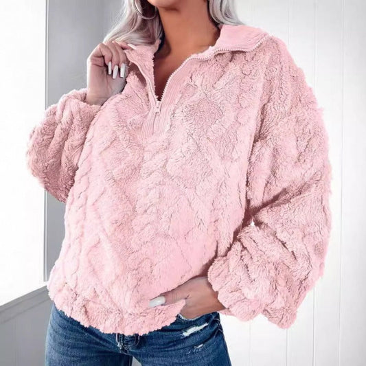 Women's Sweater with Half Zipper – Plush Fleece – Oversized Fit – Stand Collar