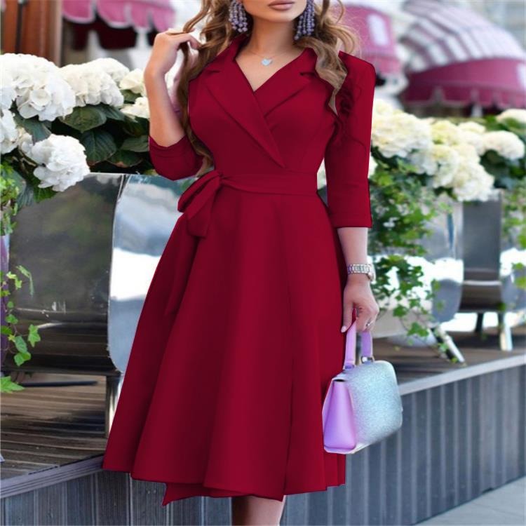 Dress for women – midi – flared fit – belt at the waist – V-neck with collar – mid-length sleeves
