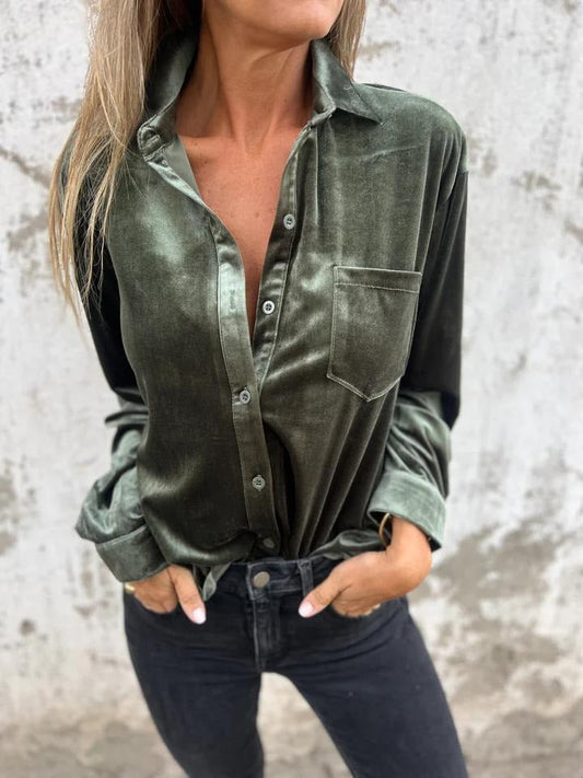 Women's Shirt – Velvet – Loose Fit – Long-Sleeved – Single-Breasted with Chest Pocket