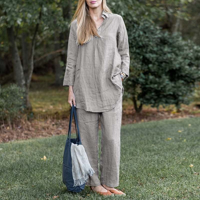 Women's Set – Linen Look – Relaxed Fit – Collared Shirt – Wide High-Waisted Trousers
