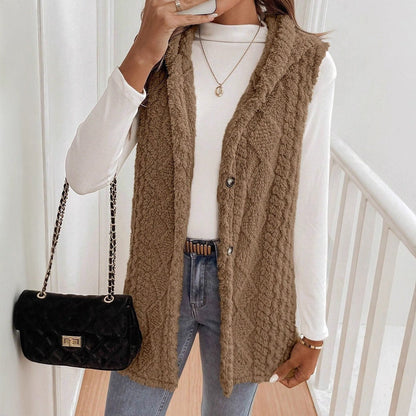 Women's Vest with Hood – Double Soft Texture – Relaxed Fit – Front Buttons