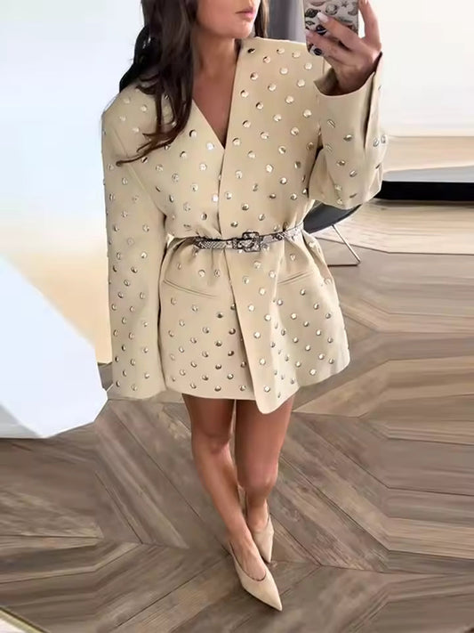 Women's Jacket – Loose Fit – Open Front – Studded Details – Belt at Waist