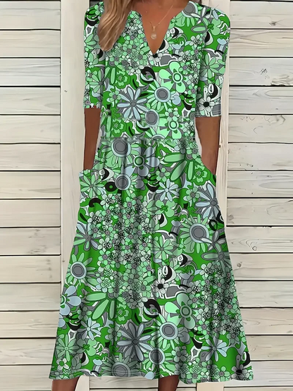 Women's Dress Maxi – Flared Fit – V-Neck – Short Sleeve – Floral Print – Airy Fabric