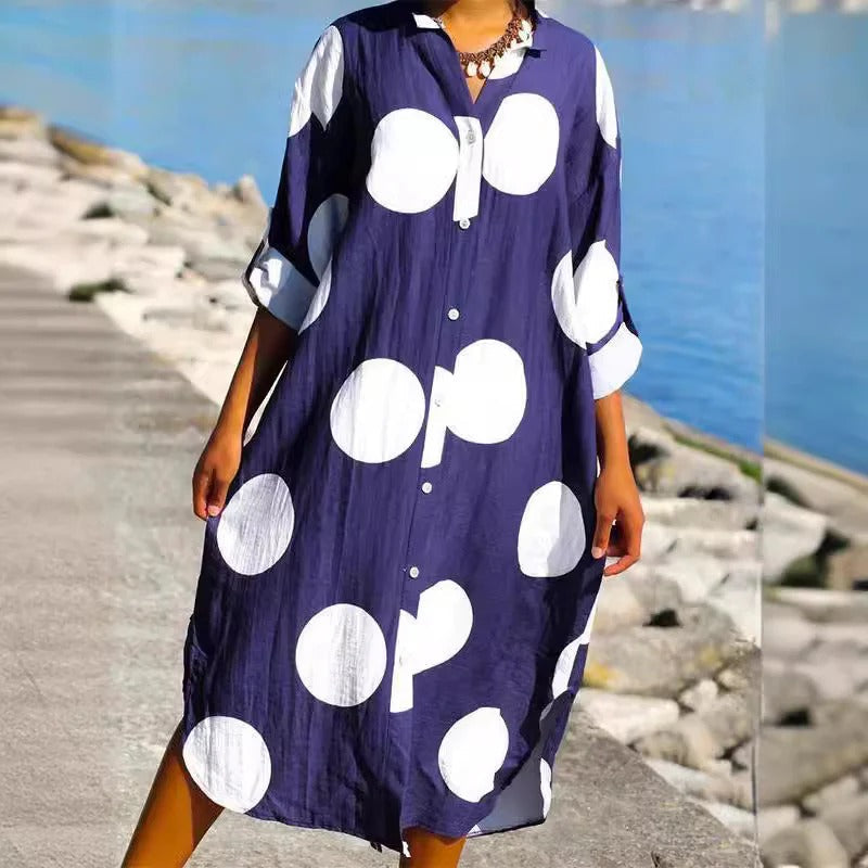 Women's Shirt Dress – Oversized Fit – Breathable Fabric – Polka Dotted – Midi Length