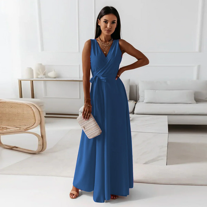 Women's Maxi Dress – V-Neckline – Tie Belt – Sleeveless – Luxurious Fabric