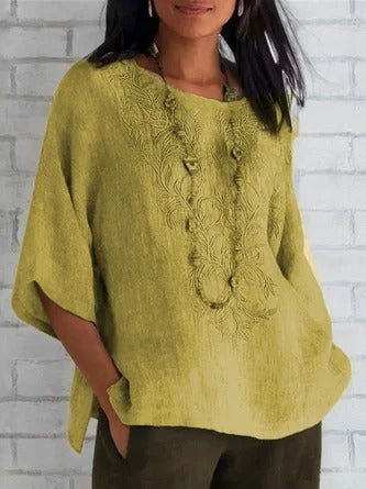 Blouse woman – Relaxed fit – Natural fibers – Embroidered front – Short sleeves