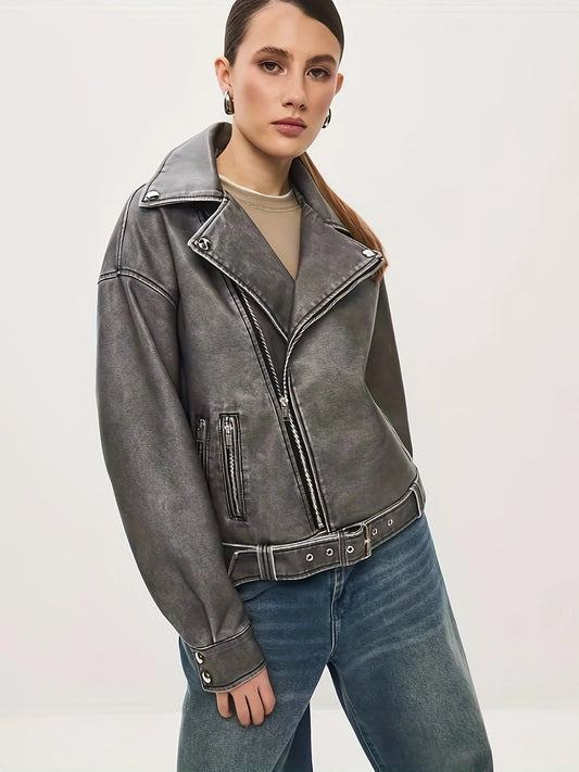Women's Leather Jacket – Oversized Fit – Biker Style – Belt at the Waist – Zipper Details