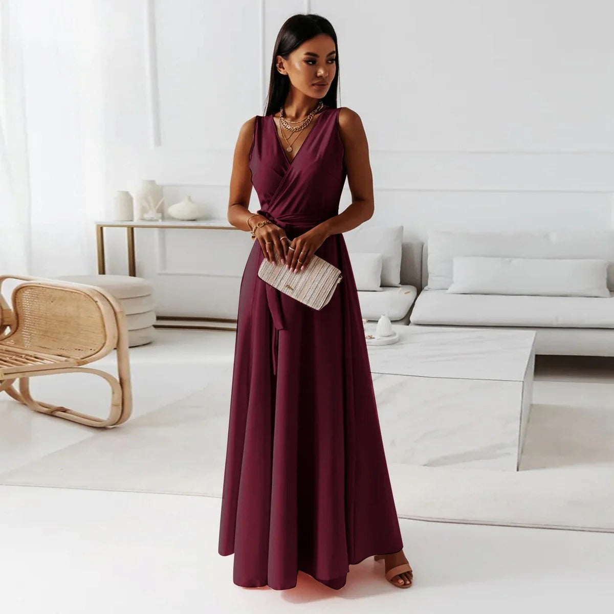 Women's Maxi Dress – V-Neckline – Tie Belt – Sleeveless – Luxurious Fabric