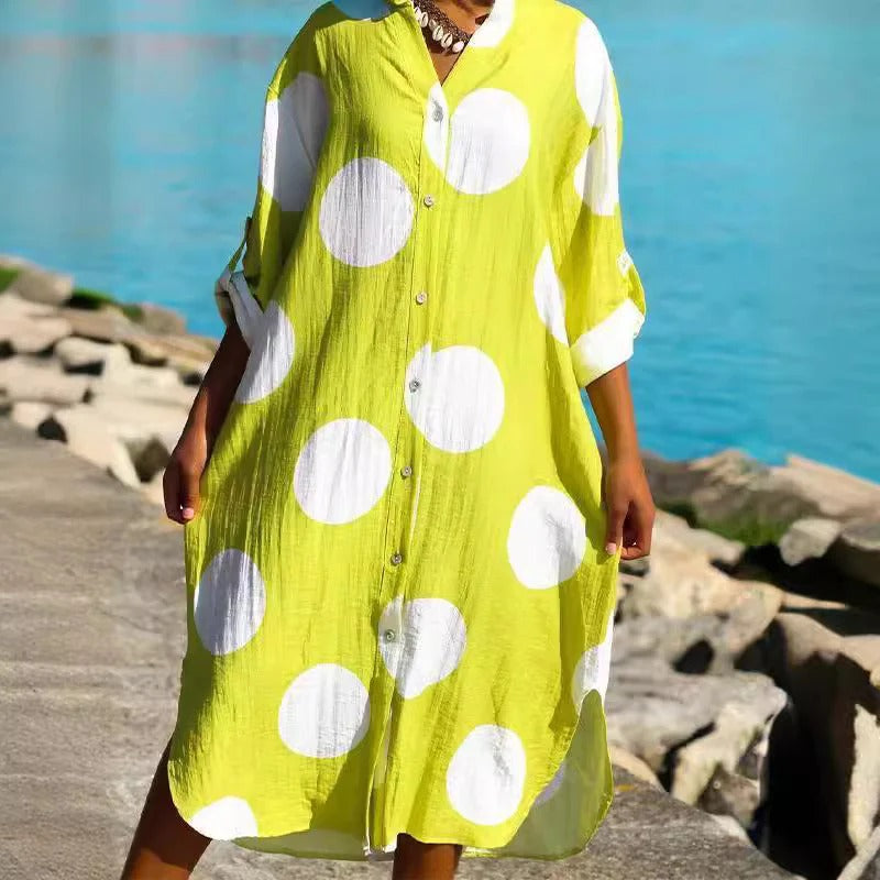Women's Shirt Dress – Oversized Fit – Breathable Fabric – Polka Dotted – Midi Length