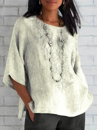 Blouse woman – Relaxed fit – Natural fibers – Embroidered front – Short sleeves