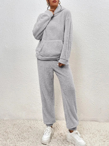 Women's Lounge Set – Teddy Fleece – Relaxed Fit – Hood and Kangaroo Pocket
