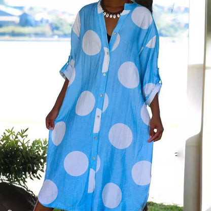 Women's Shirt Dress – Oversized Fit – Breathable Fabric – Polka Dotted – Midi Length