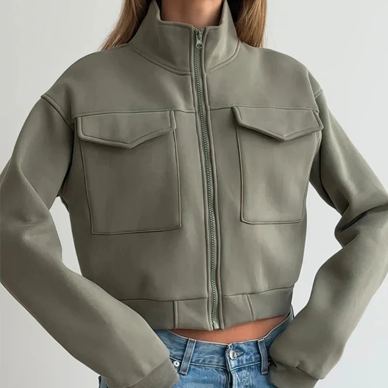 Women's Utility Jacket – Short Fit – High Collar – Flap Pockets – Structured Silhouette