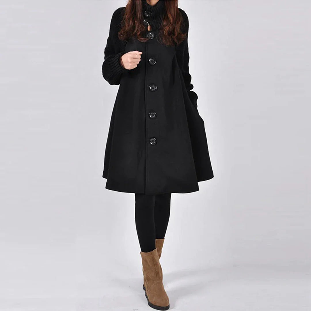 Women's Wool Coat – A-line Fit – High Ribbed Collar – Buttoning – Knee Length