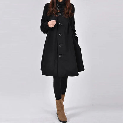 Women's Wool Coat – A-line Fit – High Ribbed Collar – Buttoning – Knee Length
