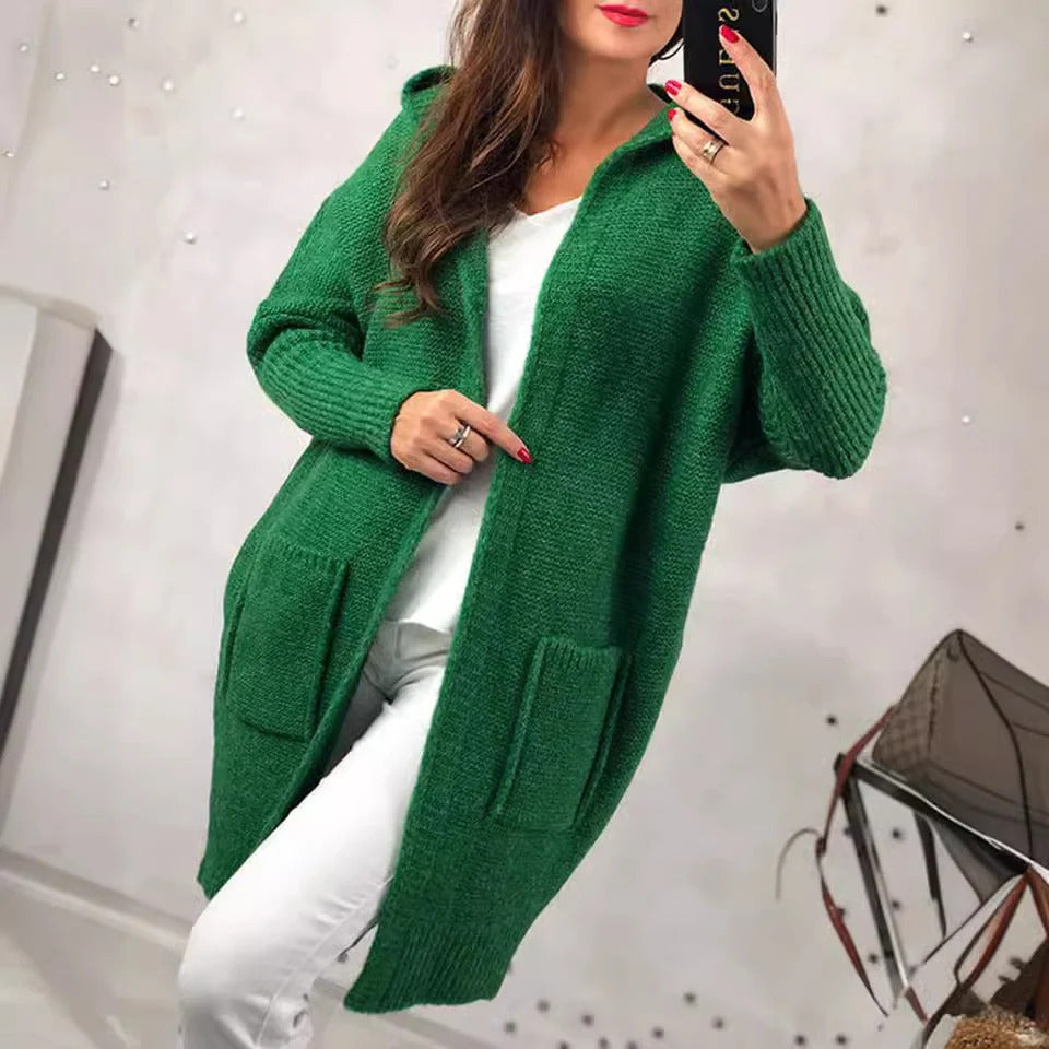 Women's Cardigan – Oversized Fit – Wool Feel Knit – Hood – Open Front – Pockets