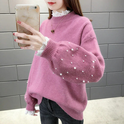 Women's Sweater Knitted – Wool Blend – Relaxed Fit – Pearl Details – Puffed Sleeves