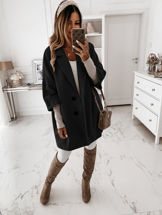 Women's Coat – Wool – Oversized Fit – Three-Part Sleeve – Buttons – Classic Collar