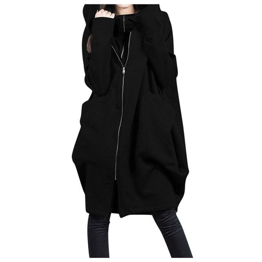 Women's Coat in Mid-Length – Oversized Fit – Hood – Zipper – Large Pockets