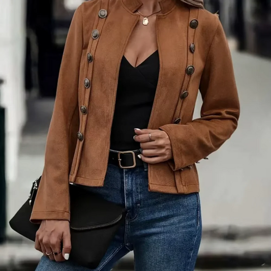 Women's Jacket – Tailored Fit – Suede Texture – High Collar – Asymmetric Buttoning