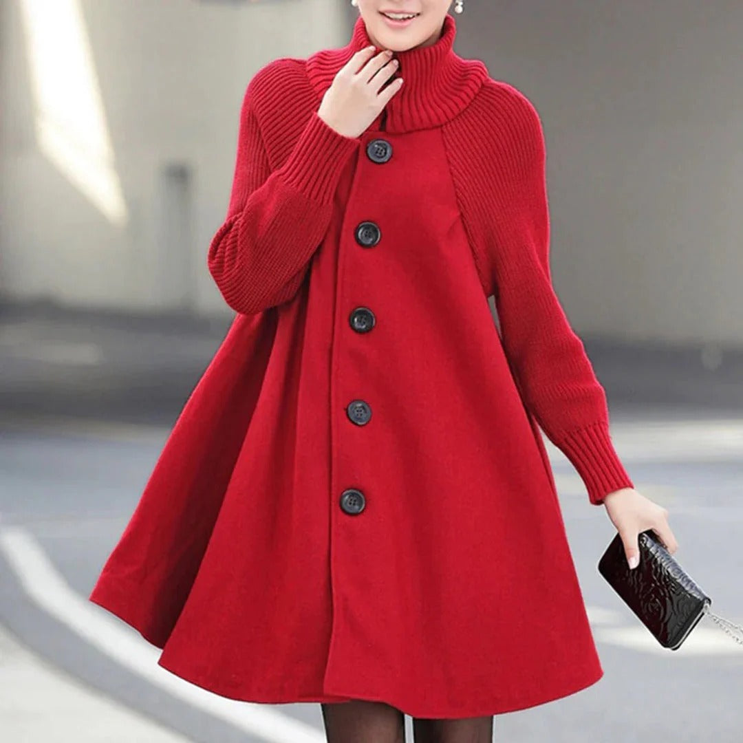 Women's Wool Coat – A-line Fit – High Ribbed Collar – Buttoning – Knee Length