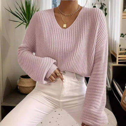 Women's Sweater – Relaxed Fit – Ribbed Knit – Wide V-Neck – Long Sleeves