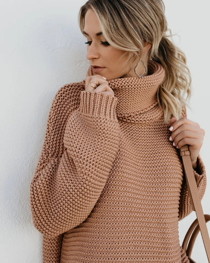 Women's Sweater – Knitted – Oversized Fit – High Neck – Ribbed Texture – Long Sleeves