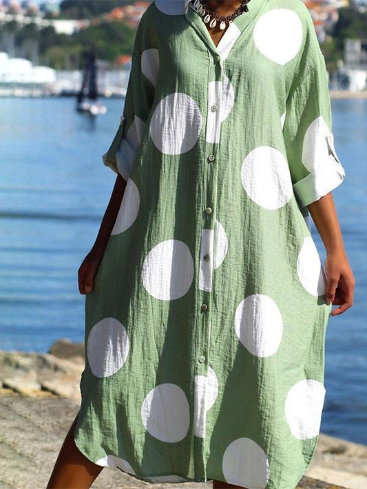 Women's Shirt Dress – Oversized Fit – Breathable Fabric – Polka Dotted – Midi Length