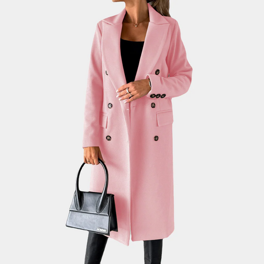 Women's Long Coat – Tailored Fit – Wool Texture – Double Breasted – Classic Lapel