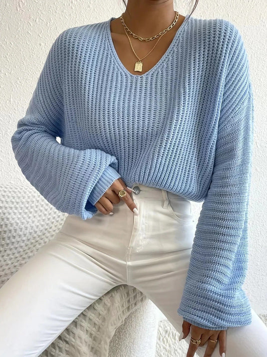 Women's Sweater – Relaxed Fit – Ribbed Knit – Wide V-Neck – Long Sleeves