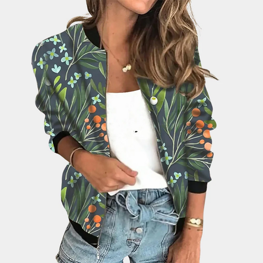 Women's Bomber Jacket – Relaxed Fit – Lightweight Fabric – Rib Knit – Floral Pattern